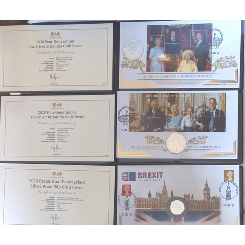 120 - THREE SILVER COMMEMORATIVE PROOF COIN COVERS, 2020
Four Generations 1oz coin x2 and a Brexit fifty p... 