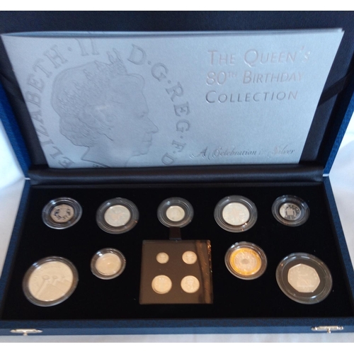 121 - A SILVER COMMEMORATIVE THIRTEEN COIN PROOF SET, THE QUEEN’S 80TH BIRTHDAY COLLECTION 
With maudy mon... 