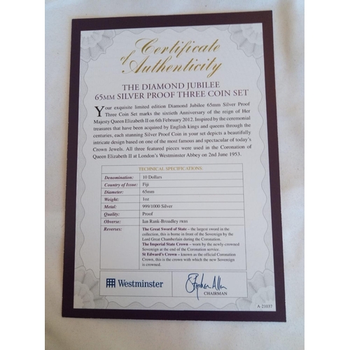 125 - A SILVER 1OZ COMMEMORATIVE THREE COIN PROOF SET, THE DIAMOND JUBILEE 65MM SILVER TEN DOLLARS PROOF S... 