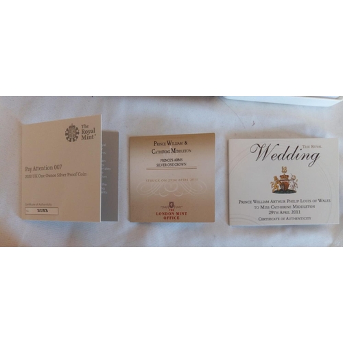 128 - THREE SILVER 1OZ COMMEMORATIVE PROOF COINS, 2020
Pay attention 007, Prince's Arms William and Kate a... 