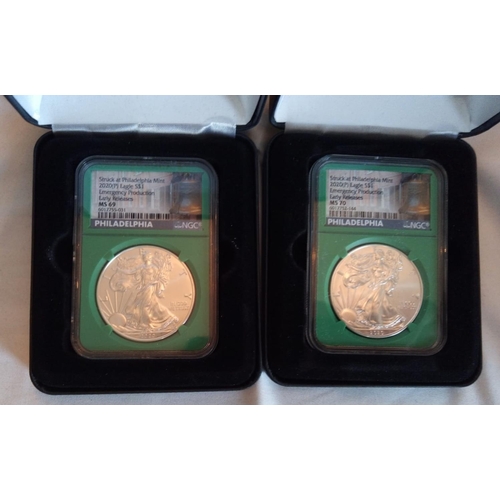 130 - A CONSECUTIVE PAIR OF AMERICAN SILVER EMERGENCY EAGLE DOLLAR PROOF COINS, DATED 2020 
In protective ... 