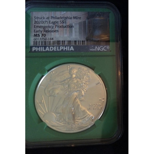 130 - A CONSECUTIVE PAIR OF AMERICAN SILVER EMERGENCY EAGLE DOLLAR PROOF COINS, DATED 2020 
In protective ... 