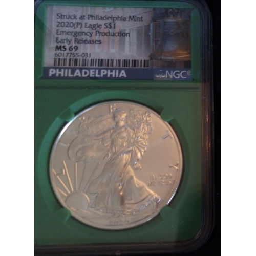 130 - A CONSECUTIVE PAIR OF AMERICAN SILVER EMERGENCY EAGLE DOLLAR PROOF COINS, DATED 2020 
In protective ... 