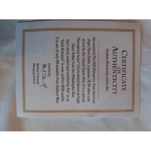 130 - A CONSECUTIVE PAIR OF AMERICAN SILVER EMERGENCY EAGLE DOLLAR PROOF COINS, DATED 2020 
In protective ... 