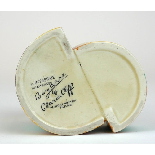 224 - CLARICE CLIFF, BIZARRE RANGE, AN UNUSUAL ART DECO COMPLETE THREE PIECE BONJOUR CRUET SET
In ‘Pine Gr... 