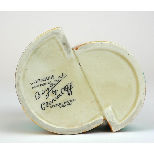 224 - CLARICE CLIFF, BIZARRE RANGE, AN UNUSUAL ART DECO COMPLETE THREE PIECE BONJOUR CRUET SET
In ‘Pine Gr... 