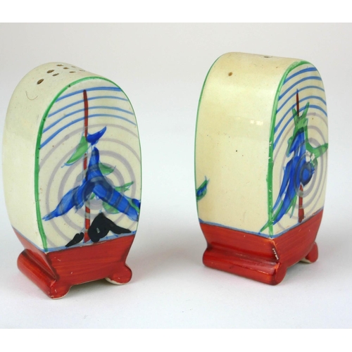 224 - CLARICE CLIFF, BIZARRE RANGE, AN UNUSUAL ART DECO COMPLETE THREE PIECE BONJOUR CRUET SET
In ‘Pine Gr... 