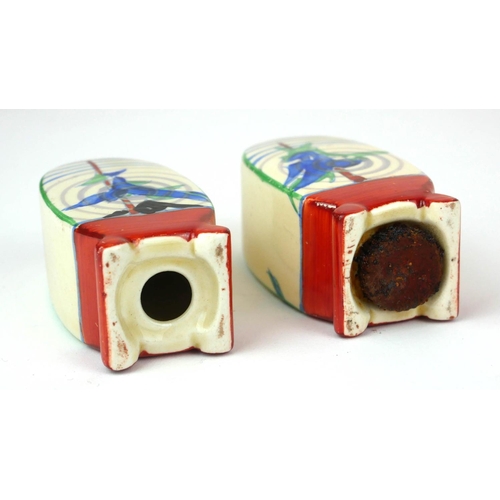 224 - CLARICE CLIFF, BIZARRE RANGE, AN UNUSUAL ART DECO COMPLETE THREE PIECE BONJOUR CRUET SET
In ‘Pine Gr... 