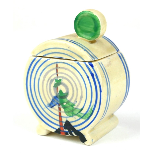 224 - CLARICE CLIFF, BIZARRE RANGE, AN UNUSUAL ART DECO COMPLETE THREE PIECE BONJOUR CRUET SET
In ‘Pine Gr... 