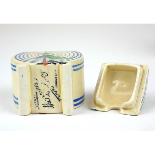 224 - CLARICE CLIFF, BIZARRE RANGE, AN UNUSUAL ART DECO COMPLETE THREE PIECE BONJOUR CRUET SET
In ‘Pine Gr... 