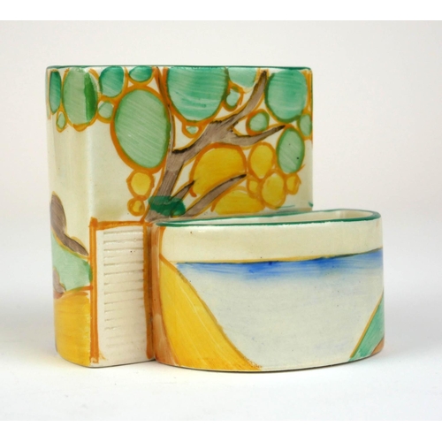 224 - CLARICE CLIFF, BIZARRE RANGE, AN UNUSUAL ART DECO COMPLETE THREE PIECE BONJOUR CRUET SET
In ‘Pine Gr... 