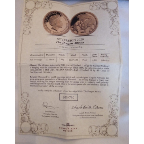 25 - A 22CT GOLD FULL SOVEREIGN 'THE DRAGON ATTACKS' PROOF COIN, DATED 2020
In a protective capsule and f... 