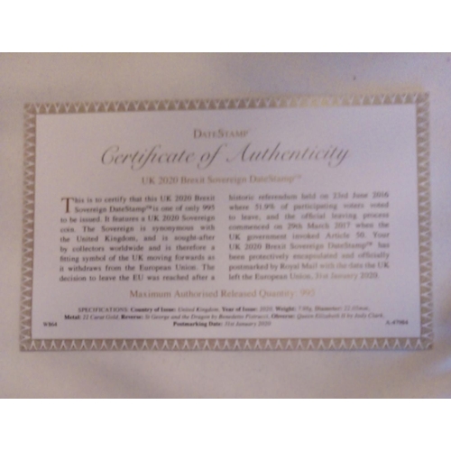 32 - A 22CT GOLD SOVEREIGN  'BREXIT' PROOF COIN, DATED 2020, BREXIT FULL SOVEREIGN DATE STAMP 
In a prote... 