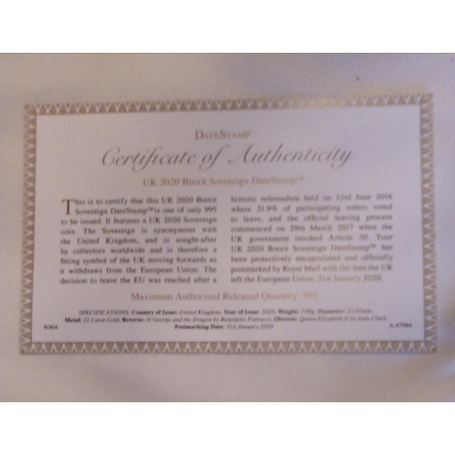 32 - A 22CT GOLD SOVEREIGN  'BREXIT' PROOF COIN, DATED 2020, BREXIT FULL SOVEREIGN DATE STAMP 
In a prote... 