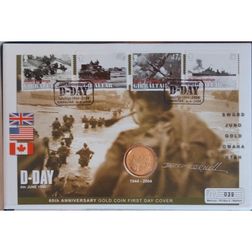 41a - A 22CT GOLD D DAY LANDINGS COMMEMORATIVE COIN COVER, DATED 2004, THE 60TH ANNIVERSARY FIRST DAY COVE... 