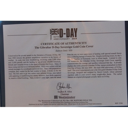 41a - A 22CT GOLD D DAY LANDINGS COMMEMORATIVE COIN COVER, DATED 2004, THE 60TH ANNIVERSARY FIRST DAY COVE... 