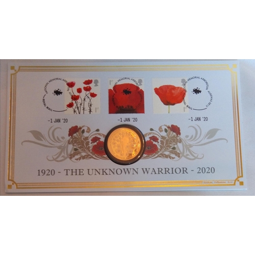45 - A 22CT GOLD DOUBLE FULL SOVEREIGN PROOF COIN COVER, DATED '2020, CENTENARY OF THE UNKNOWN WARRIOR GO... 
