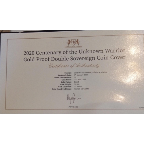 45 - A 22CT GOLD DOUBLE FULL SOVEREIGN PROOF COIN COVER, DATED '2020, CENTENARY OF THE UNKNOWN WARRIOR GO... 