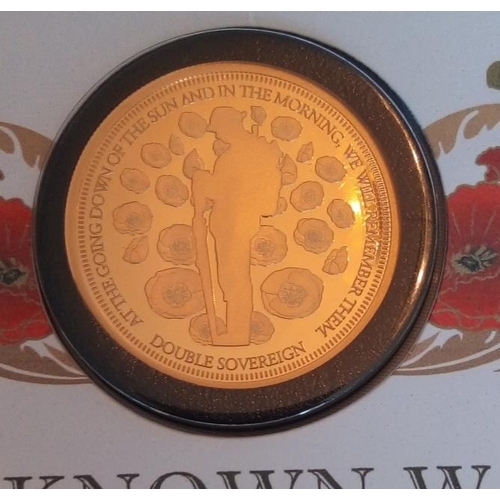 45 - A 22CT GOLD DOUBLE FULL SOVEREIGN PROOF COIN COVER, DATED '2020, CENTENARY OF THE UNKNOWN WARRIOR GO... 