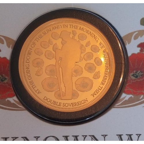 45 - A 22CT GOLD DOUBLE FULL SOVEREIGN PROOF COIN COVER, DATED '2020, CENTENARY OF THE UNKNOWN WARRIOR GO... 