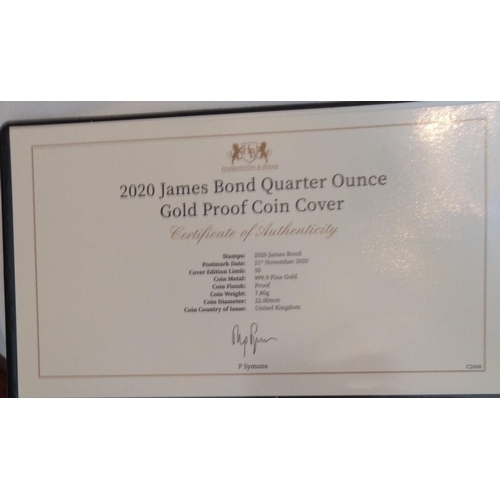 48 - A 24CT GOLD 1/4OZ JAMES BOND PROOF COIN COVER, DATED 2020
In a protective pouch, complete with certi... 