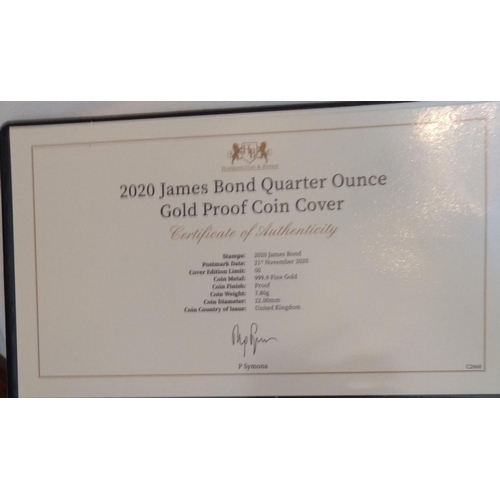 48 - A 24CT GOLD 1/4OZ JAMES BOND PROOF COIN COVER, DATED 2020
In a protective pouch, complete with certi... 
