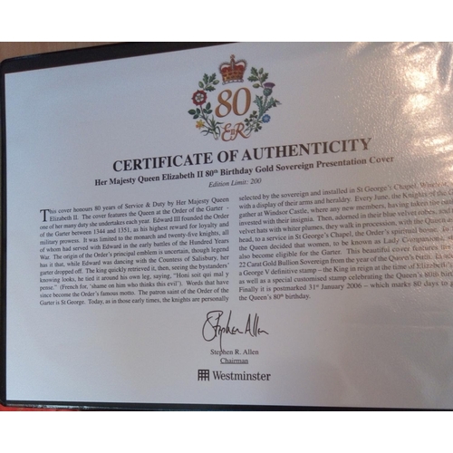 53 - A 22CT GOLD FULL SOVEREIGN COIN COVER, DATED 1926, HER MAJESTY QUEEN ELIZABETH II 80TH BIRTHDAY
In a... 