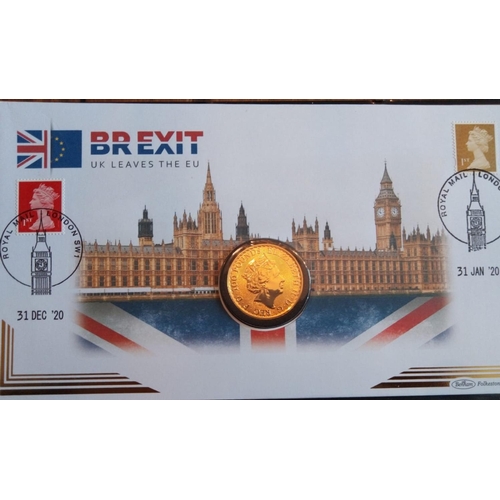 55 - A 24CT GOLD 1OZ BREXIT PROOF COIN COVER, DATED 2020, BREXIT DUAL POSTMARKED 1OZ GOLD BRITANNIA COIN ... 