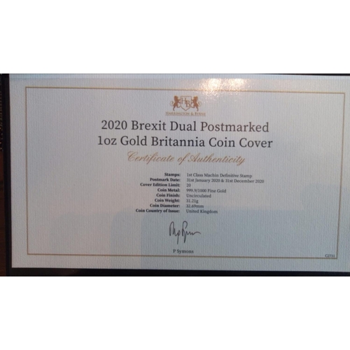55 - A 24CT GOLD 1OZ BREXIT PROOF COIN COVER, DATED 2020, BREXIT DUAL POSTMARKED 1OZ GOLD BRITANNIA COIN ... 