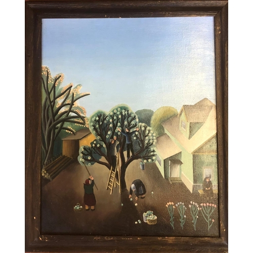 558 - LOJKOMOEVA, RUSSIAN, 20TH CENTURY OIL ON CANVAS
Fruit pickers in a stylised landscape, signed detail... 