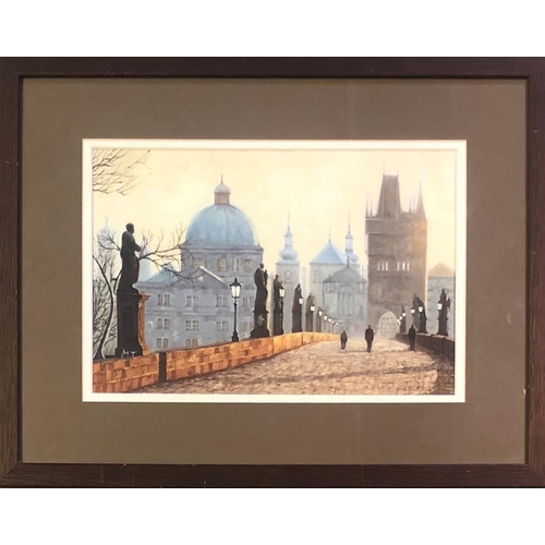 560 - CHARLES BRIDGE PRAGUE 
Oil on board, signed with initials M T.
mounted framed and glazed.
45 x 35 cm... 