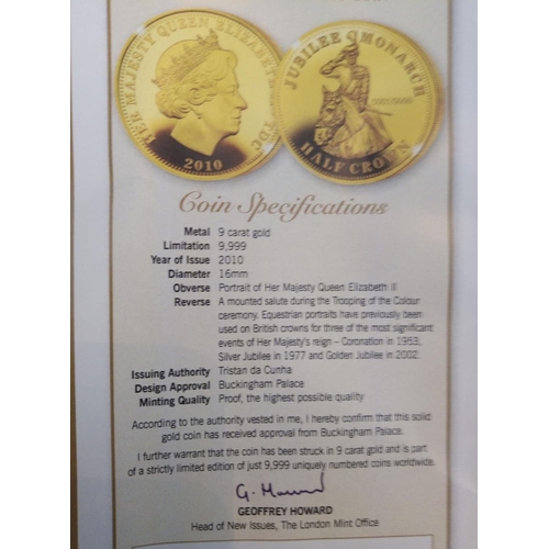 58 - A 9CT GOLD HALF CROWN PROOF COIN, DATED 2010, HER MAJESTY THE QUEEN ELIZABETH II, DIAMOND JUBILEE GO... 