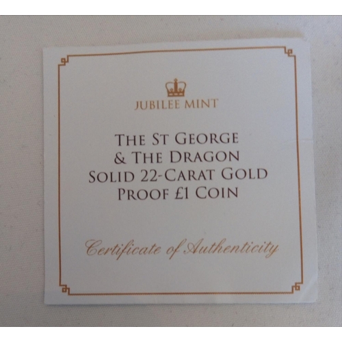 62 - A 22CT GOLD ONE POUND PROOF COIN, DATED 2020
The George and Dragon, in a protective capsule and fitt... 