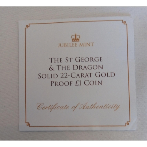 62 - A 22CT GOLD ONE POUND PROOF COIN, DATED 2020
The George and Dragon, in a protective capsule and fitt... 