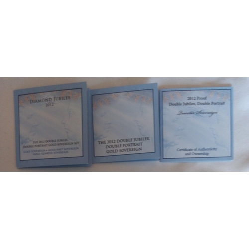 66 - A 22CT GOLD THREE COIN PROOF COIN SET, DATED 2012 
Diamond Jubilee double portrait, full sovereign, ... 