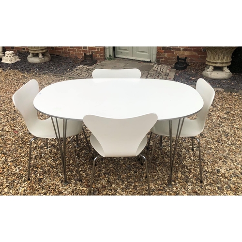 666 - FRITZ HANSEN, DESIGNED BY ARNIE JACOBSEN, AN OVAL WHITE LACQUERED DINING TABLE AND FOUR MATCHING CHA... 