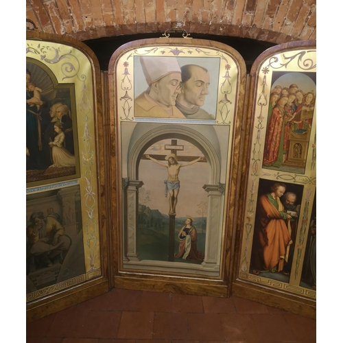 683 - A VICTORIAN FIGURED WALNUT FRAMED PICTORIAL PRINTED THREE FOLD SCREEN
With scenes after renaissance ... 