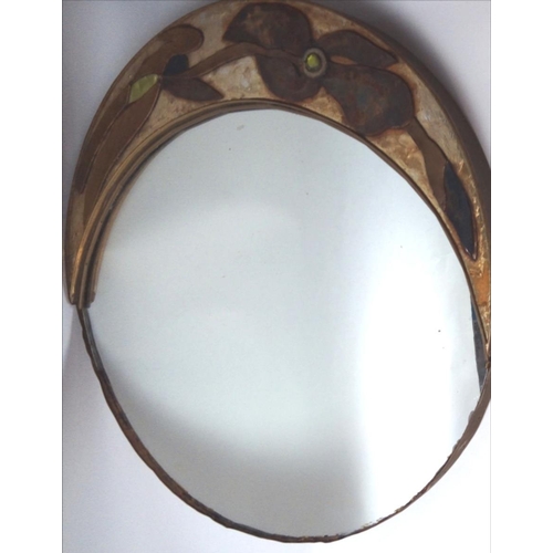 698 - A MID CENTURY AMERICAN COPPER CLAD MIRROR, Circular form 
With floral decoration set with faceted gr... 