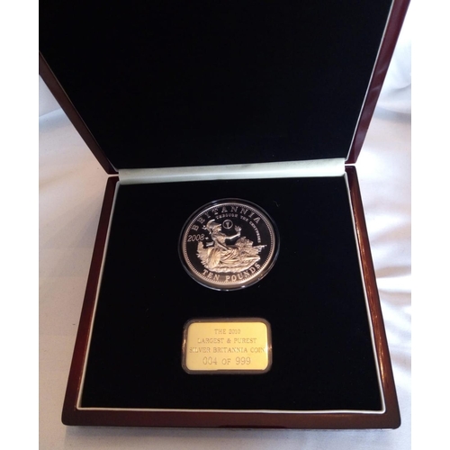 74 - A SILVER 5OZ COMMEMORATIVE TEN POUND PROOF COIN, DATED 2008
'The Largest and Purest Silver Britannia... 