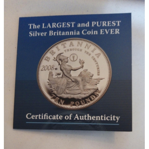 74 - A SILVER 5OZ COMMEMORATIVE TEN POUND PROOF COIN, DATED 2008
'The Largest and Purest Silver Britannia... 