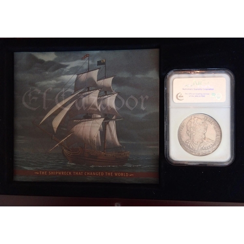 86 - AN 18TH CENTURY SILVER EL CAZADOR EIGHT REALES COIN, DATED 1773 - 1783
In a protective NGC capsule a... 