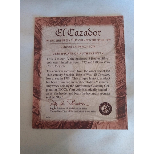 86 - AN 18TH CENTURY SILVER EL CAZADOR EIGHT REALES COIN, DATED 1773 - 1783
In a protective NGC capsule a... 