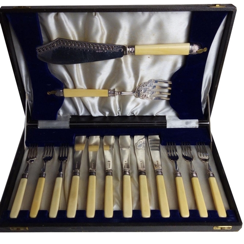 89a - A MATCHED SET OF VICTORIAN  SILVER AND IVORY FISH SERVERS AND EATERS
The servers having pierced deco... 