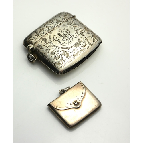 393 - AN EARLY 20TH CENTURY SILVER VESTA CASE AND POSTAGE STAMP CASE Rectangular form, with engraved decor... 