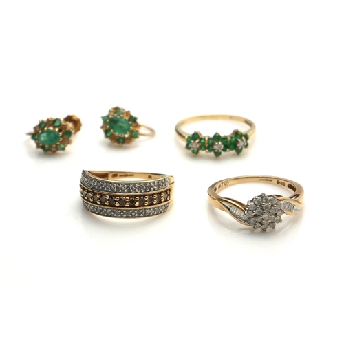 395 - A COLLECTION OF 9CT GOLD, DIAMOND AND GEM SET JEWELLERY
To include an emerald and diamond ring, a di... 