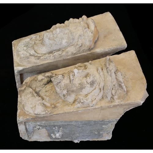 410 - A PAIR OF PORTLAND STONE CORBELS CARVED WITH MEDIEVAL FACIAL MASKS.
(17cm x 24cm x 31cm)

Condition:... 