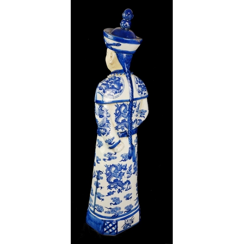 413 - A CHINESE BLUE AND WHITE PORCELAIN EMPEROR FIGURE
Standing pose wearing a robe with opposing dragons... 