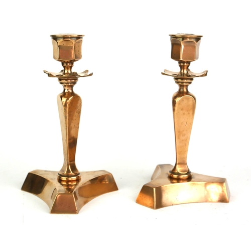 419 - ARTS & CRAFTS, A PAIR OF LATE 19TH CENTURY PERIOD CAST BRONZE DESK CANDLESTICKS
With tapering reeded... 