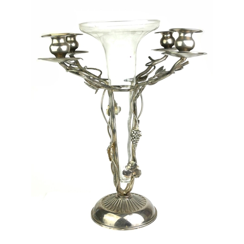 423 - A MID 20TH CENTURY CONTINENTAL SILVER PLATED FOUR LIGHT TABLE CANDELABRA
Applied with vine leaves, w... 