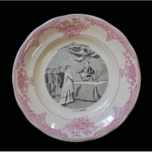 432 - GIEN FACTORY, MARRIAGE À LA CAMPAGNE ROMANTIC PATTERN, A SET OF SIX MODERN FRENCH FAIENCE PLATES
Rep... 